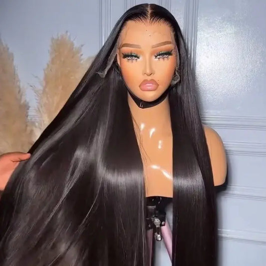 Side by side image of 13x4 HD lace front Peruvian straight human hair wig displayed on a mannequin showing full 200% density, rich natural black color, Peruvian Straight texture, premium natural hairline, and realistic scalp with a hand fanning out hair