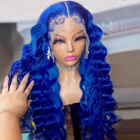 Ocean blue deep wave wig on mannequin front view showing 13x4 lace front construction and vibrant blue color with natural wave pattern