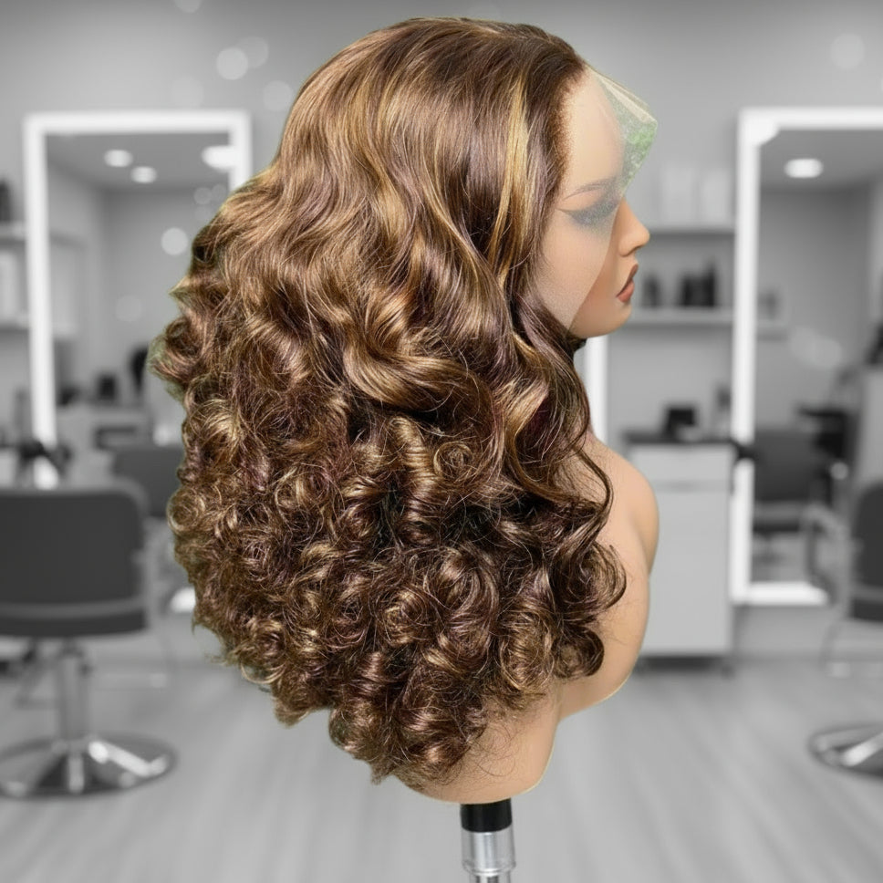 Side angle of A mannequin head is wearing NuHaire's Auburn Highlight Bouncy Egg Curls 13x4 Lace Front Human hair Wig, showcasing a flawless auburn highlight hair color, premium human hair quality, transparent lace front, natural hairline, and bouncy egg curl texture.