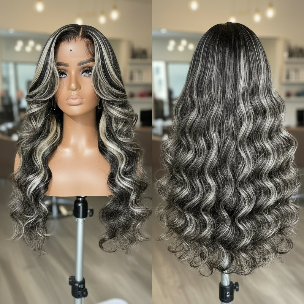Side by Side comparison of silver grey highlight body wave wig showing lace construction and styling versatility