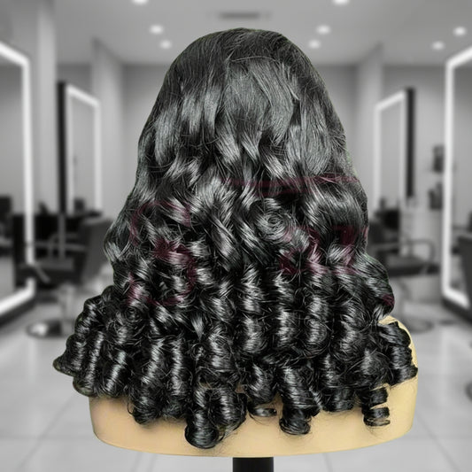 Back view of A NuHaire Thick 250 Density Bouncy Egg Curls Lace Front Human Hair Wig with transparent lace featuring bouncy egg curls, natural black color, natural hairline, and full volume from root to tip, displayed on a mannequin head.