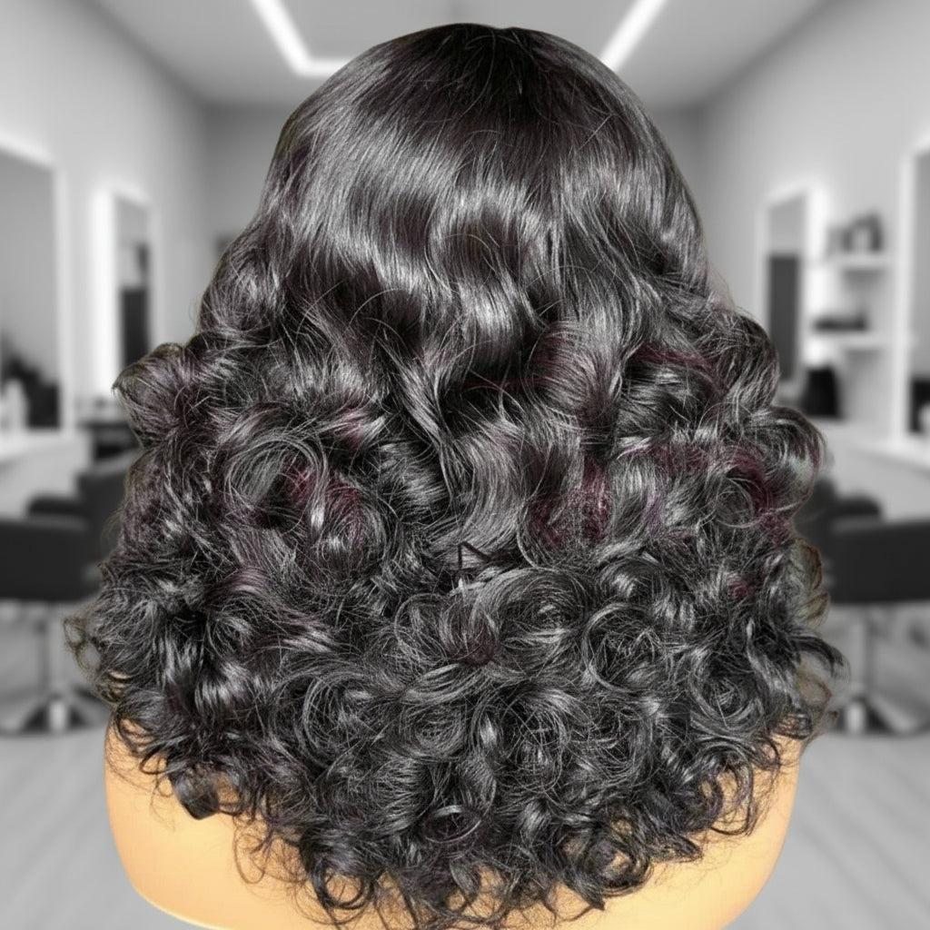 Combed out back view of A NuHaire Thick 250 Density Bouncy Egg Curls Lace Front Human Hair Wig with transparent lace front featuring bouncy egg curls, natural black color, and full volume from root to tip, displayed on a mannequin head.