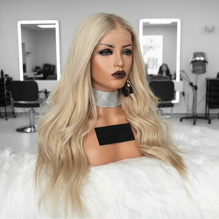 Side angle of Mannequin head with NuHaire Golden Blonde Ombre Natural Wave hairstyle, featuring rich blonde color and flowing waves, complete with thin 13x4 transparent lace.