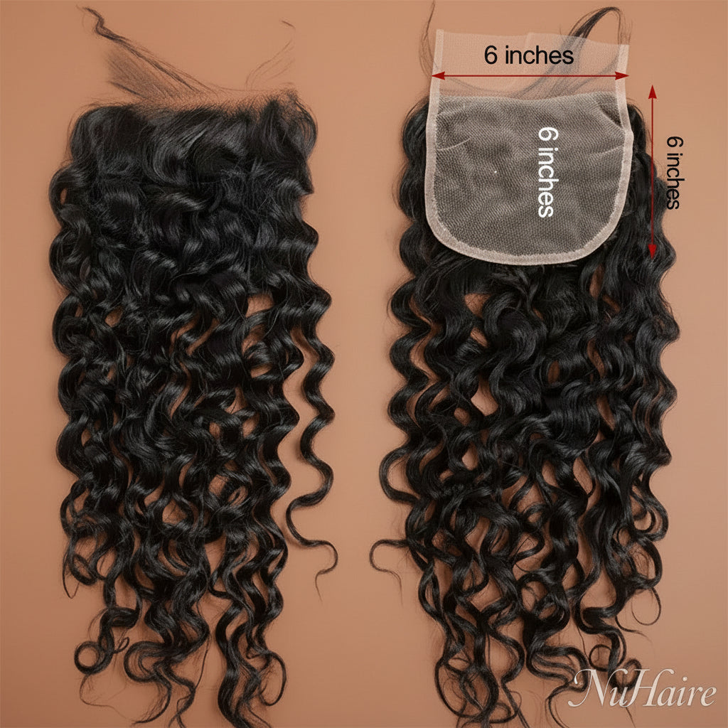 Product display - NuHaire's Brazilian Water Wave Ultra Thin Invisible HD Lace Closure features a natural black color and premium human hair. Available in Brazilian and Indian textures with various lace sizes, it offers full volume and a flowing water wave texture.