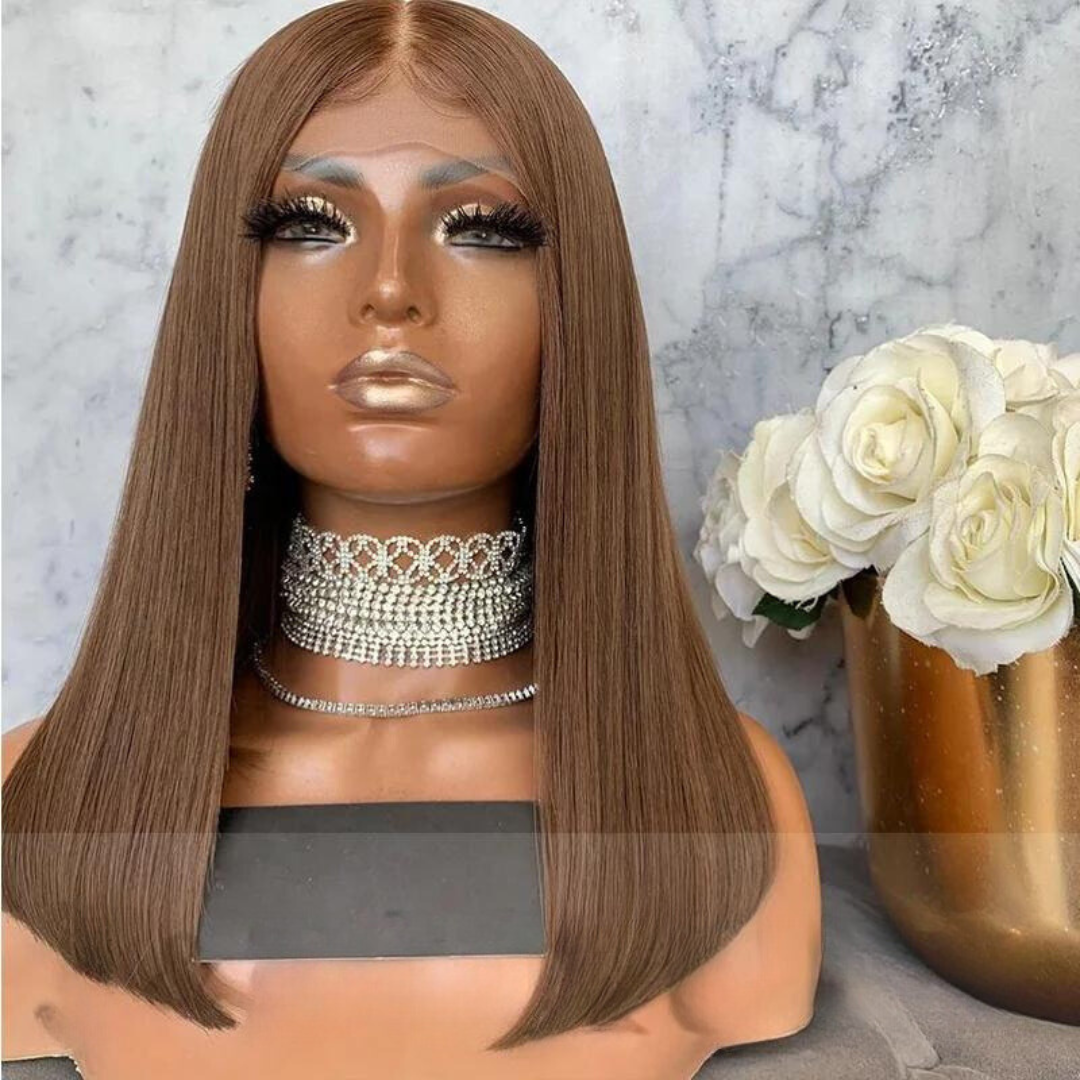 Front view of NuHaire's caramel brown straight 13x4 lace front European human hair bob wig displayed on a mannequin head, with a transparent lace front and a silver-colored necklace.