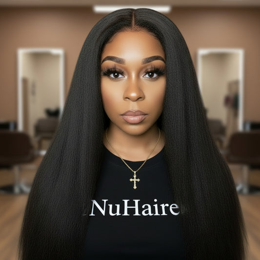 Model Display 2 - NuHaire's Brazilian / Indian Kinky Straight Skin Melt HD Lace Closure features a natural black color and premium human hair. Available in Brazilian and Indian textures with various lace sizes, it offers full volume and a natural kinky straight texture.