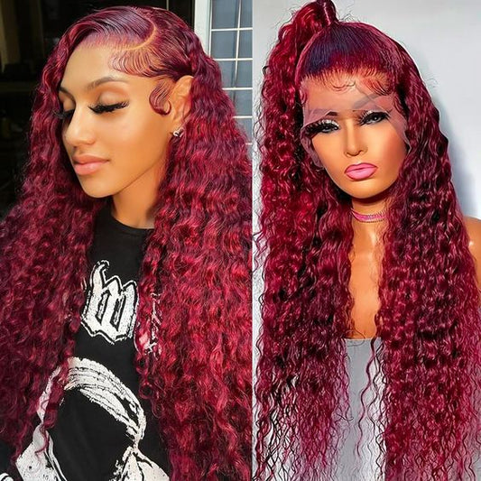 Side by side comparison of 99J dark burgundy deep curly 13x6 lace front wig on model and mannequin, styled half up, half down, showing versatility and rich burgundy color