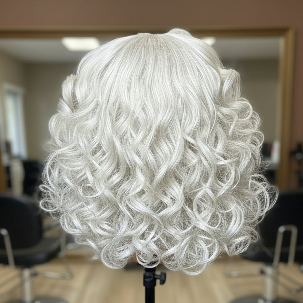 Back view of Platinum curly wig on a mannequin head with a blurred salon background