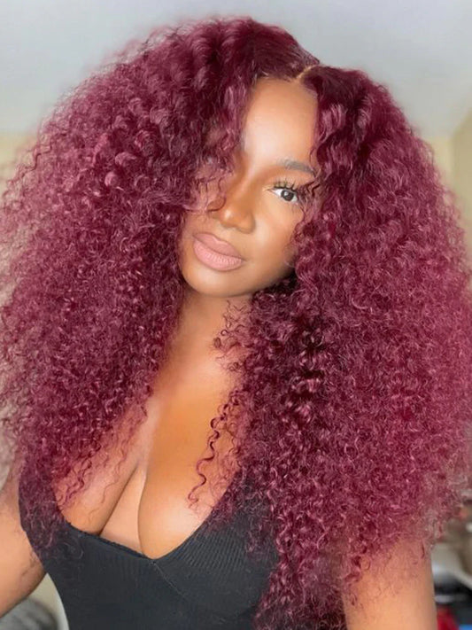 99J Burgundy Kinky Curly 5*5 /13*4 Transparent Lace Human Hair Wig