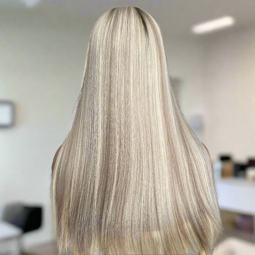 Back view of platinum ash blonde mono lace wig displaying full hair density and ultra-realistic appearance
