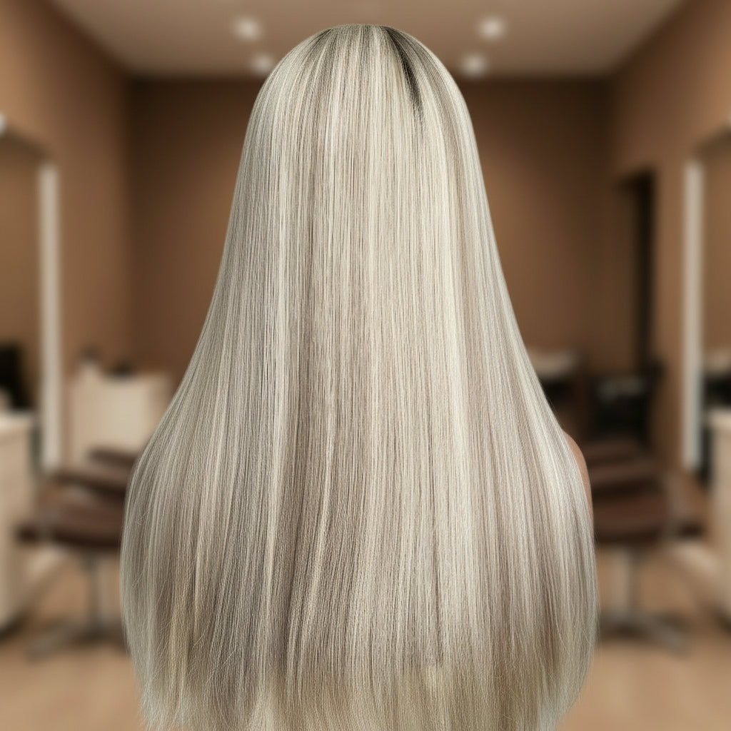 Back view of platinum ash blonde mono lace wig displaying full hair density and ultra-realistic appearance