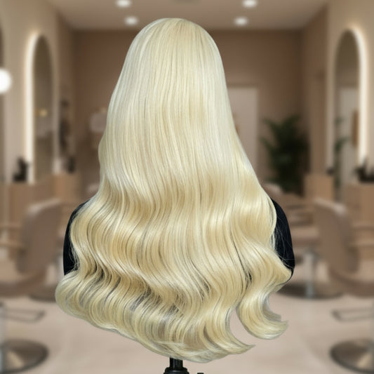 613 light Blonde European human hair 9x5 glueless wig on a mannequin head in NuHaire Hair Salon.
