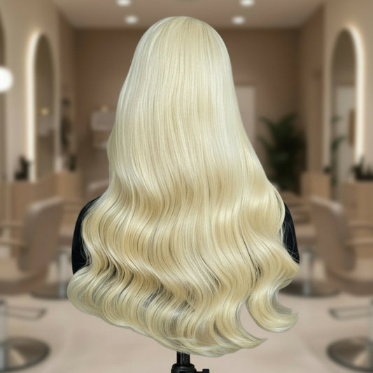 613 light Blonde European human hair 9x5 glueless wig on a mannequin head in NuHaire Hair Salon.
