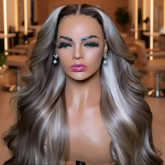 Ash grey blonde highlights body wave wig showcasing ultra-full density and sophisticated highlight color