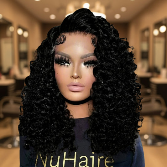 Jerry curly bob wig front view on mannequin showing natural black color and volume