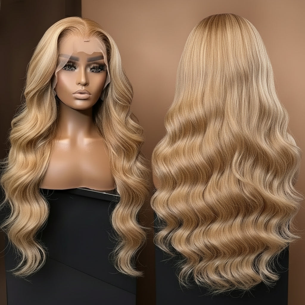 Side by side view of Peruvian 4/613 highlight body wave wig showcasing color variation and natural movement