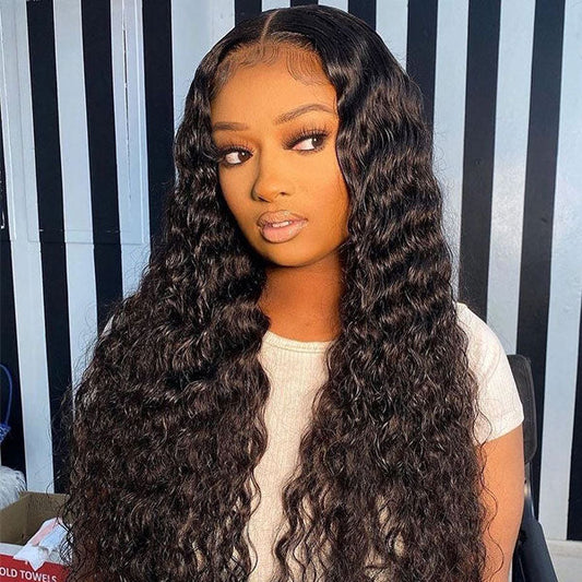 A woman models a NuHaire Deep Wave Human Hair wig with 180% density, showcasing its full volume from root to tip, along with a close-up that highlights the seamless Easy to install 6x4 HD glueless lace closure and the premium wavy texture of the hair.