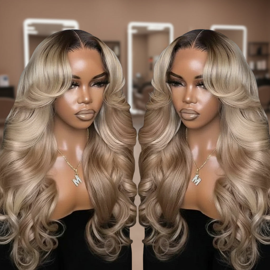 Two part image of Mannequin head wearing the NuHaire Ash blonde Ombre body wave wig, premium human hair quality, a 5x5transparent lace front, a pre-plucked hairline, natural baby hair, bleached knots, and flowing body waves.