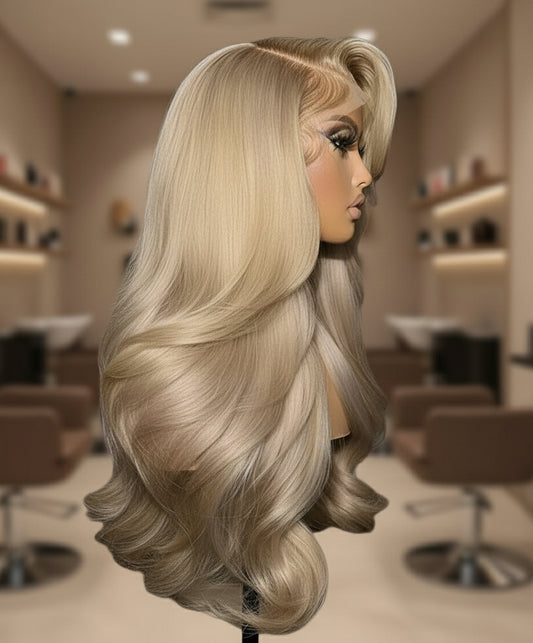 Ash Honey Blonde Body Wave 13x4 Wig on model alternate side angle highlighting body wave texture and honey blonde color