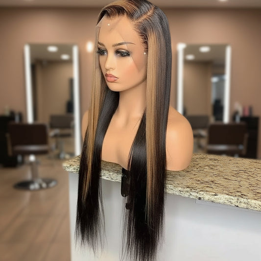 Honey blonde highlight silky straight wig from side angle displaying sun-kissed warmth and sleek movement