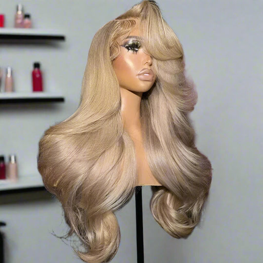 13x4 Ash Honey Blonde Body Wave Wig on mannequin head displaying premium quality and honey blonde tones
