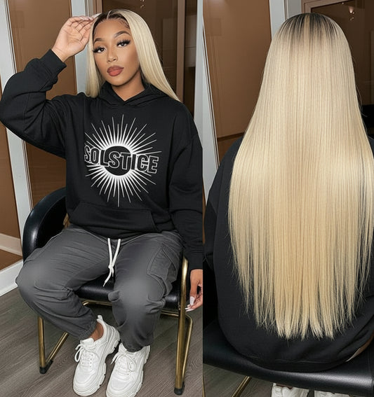 Front and back view of a Model wearing NuHaire 1B/ 613 Blonde Ombre Straight Lace Front Human Hair Wig, showcasing flawless blond ombre transition, full straight volume, premium Human Hair Quality, transparent lace front, and natural hairline.