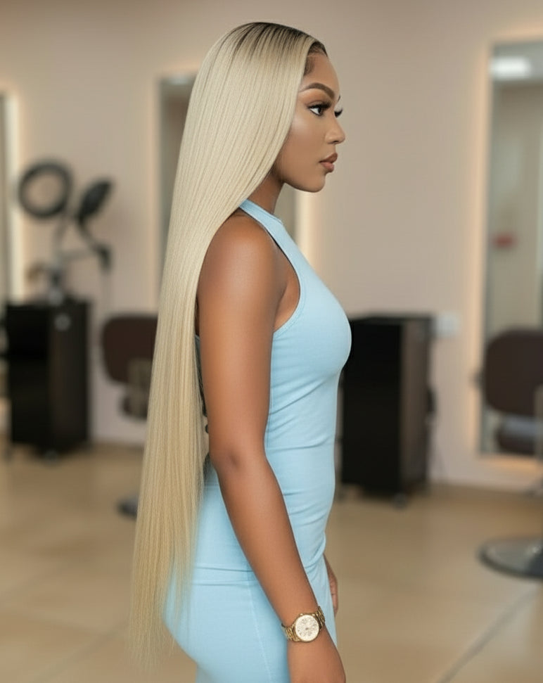 Side view of a Model wearing NuHaire 1B/ 613 Blonde Ombre Straight Lace Front Human Hair Wig, showcasing flawless blond ombre transition, full straight volume, premium Human Hair Quality, transparent lace front, and natural hairline.