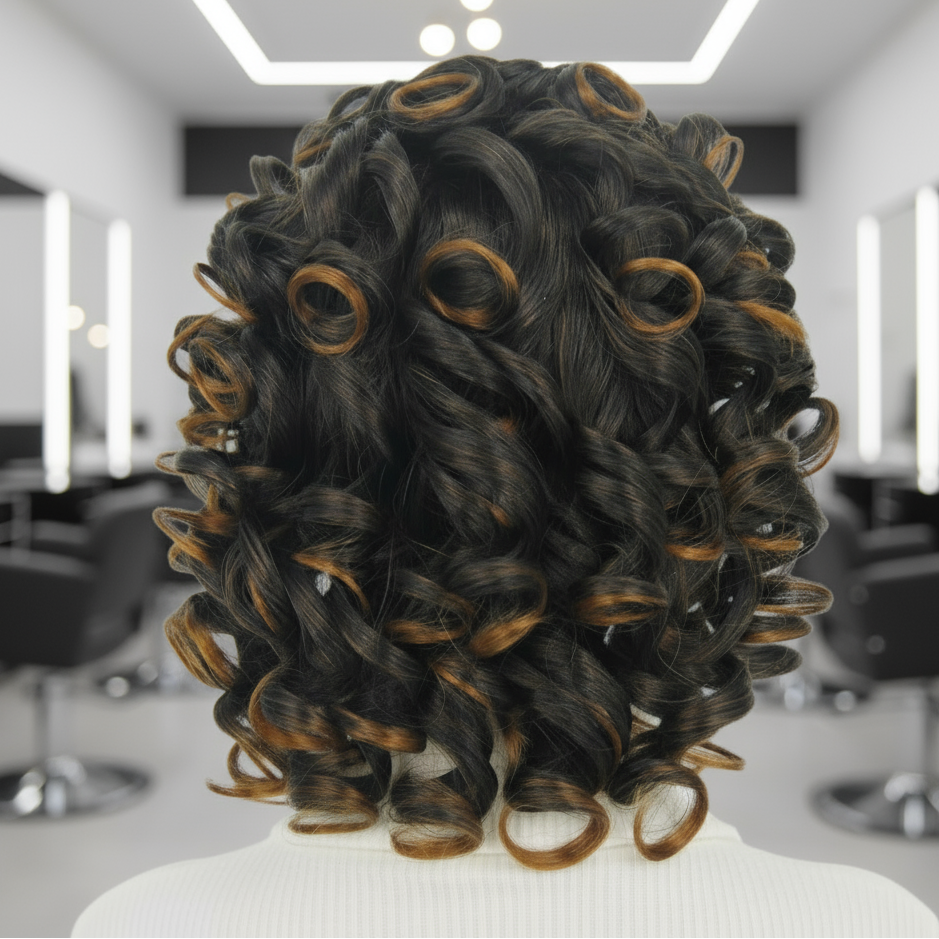 Back view of Mannequin head showcases NuHaire's 1B/30 Auburn Highlight Bouncy Curly Bob Wig with Bangs, featuring a luxurious auburn highlight, bouncy curly texture, glueless install with bangs, and premium human hair.