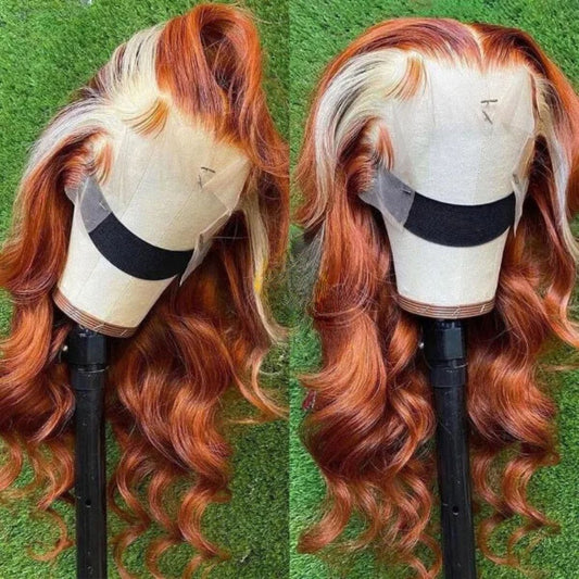 Chunky Blonde Highlight Ginger 26" Body Wave Wig on mannequin side by side product display showing texture, natural hairline, and highlights
