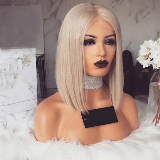 Light ash blonde Full 360 transparent lace front bob wig with smooth European straight silky texture displayed on mannequin head from slight right angle showing platinum ash blonde color
