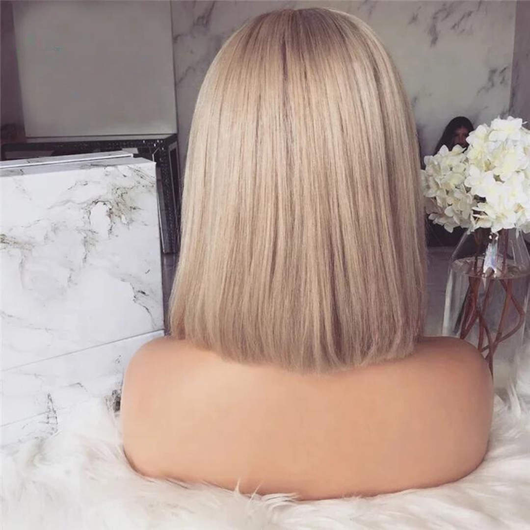 Light ash blonde Full 360 transparent lace bob wig with smooth straight European human hair texture displayed on mannequin head back view showing full bob length and silky straight finish
