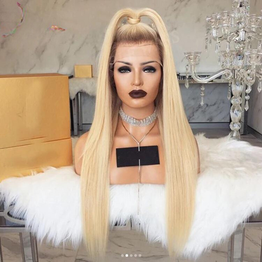 Natural blonde ombre 13x6 transparent lace front wig with Peruvian straight hair styled in half up half down on mannequin head showing silky straight texture