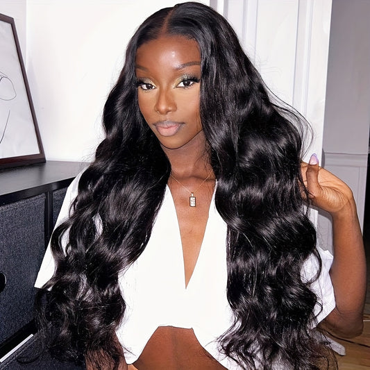 A woman is wearing an easy install NuHaire body wave wig with 200% density, providing full volume from root to tip, along with a 6x4 HD glueless lace closure.