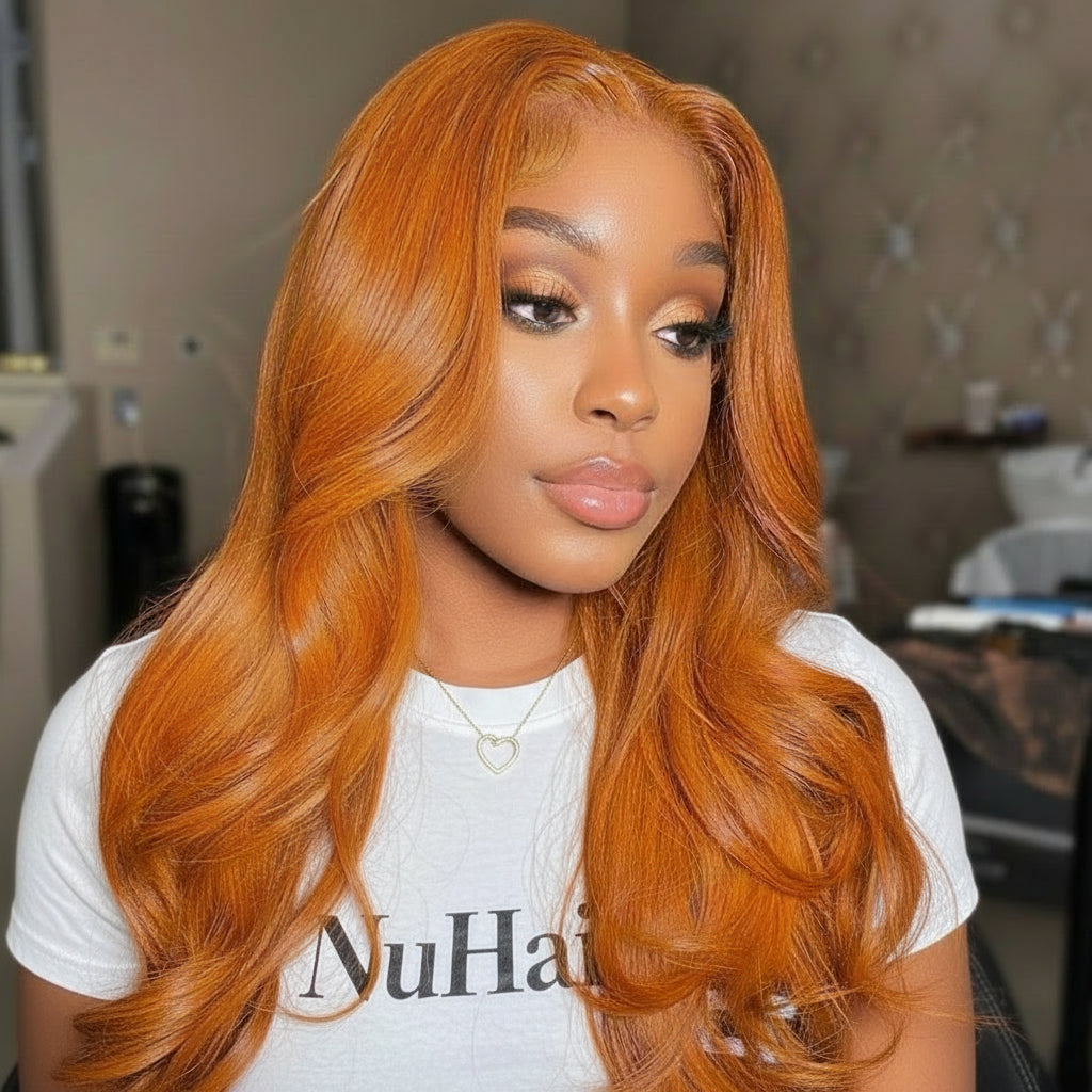 Black Female Model is wearing the NuHaire #350 Ginger Orange Body Wave Lace Front Human Hair Wig which showcases flowing body waves, a flawless ginger orange color, premium human hair quality, a transparent lace front, and a natural hairline.