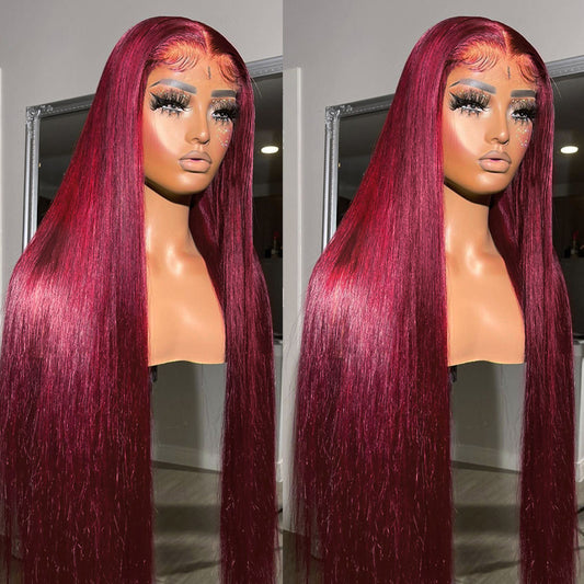 Side by side straight burgundy wig product display on mannequin showing color and texture