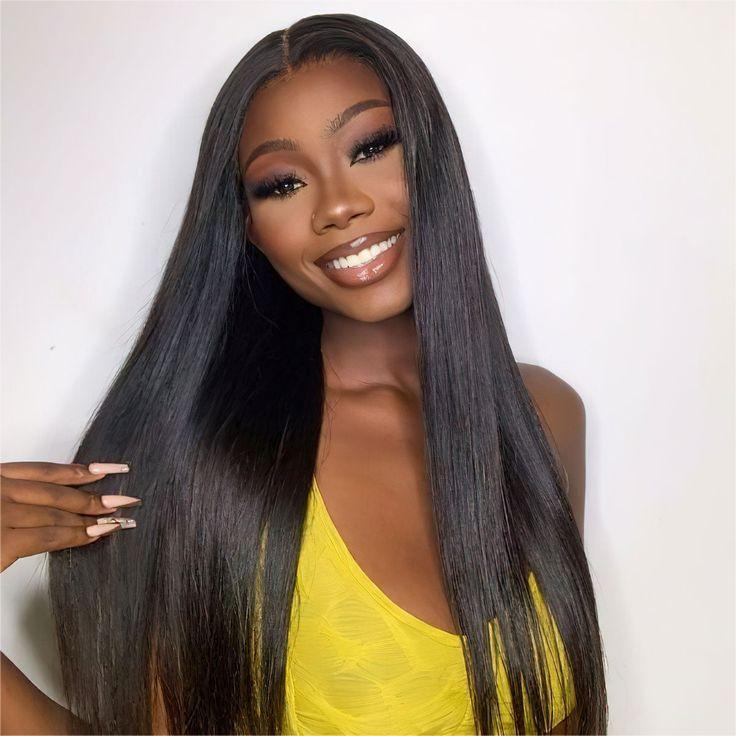 "Model showcasing straight human hair wig texture and movement with hands