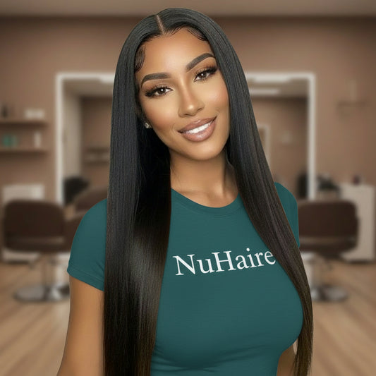 Model showcasing straight human hair glueless M-Cap wig texture and movement with hands