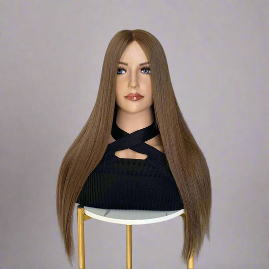 Sienna brown straight glueless wig front view on mannequin showing 6x5 HD lace and rich brown color