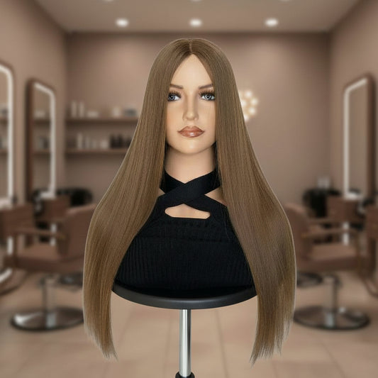 Sienna brown straight glueless wig front view on mannequin showing 6x5 HD lace and rich brown color