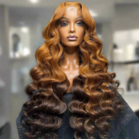 Ginger brown ombre body wave wig displaying rich ginger tones and 6x6 transparent lace construction