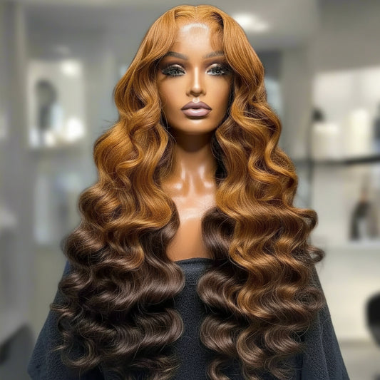Ginger brown ombre body wave wig displaying rich ginger tones and 6x6 transparent lace construction