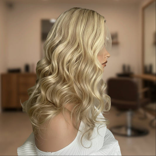 Side view of sunny blonde balayage natural wave wig displaying sun-kissed dimension and European human hair