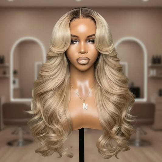 Front view of Mannequin head wearing the NuHaire Ash blonde Ombre body wave wig, premium human hair quality, a 5x5transparent lace front, a pre-plucked hairline, natural baby hair, bleached knots, and flowing body waves.