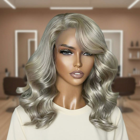 Platinum grey blonde body wave wig displaying cool-toned color and 13x4 transparent lace construction