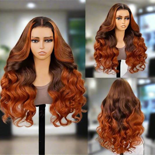 Ginger ombre 6x5 precut glueless body wave wig showing front, side, and back views with brown to ginger color transition
