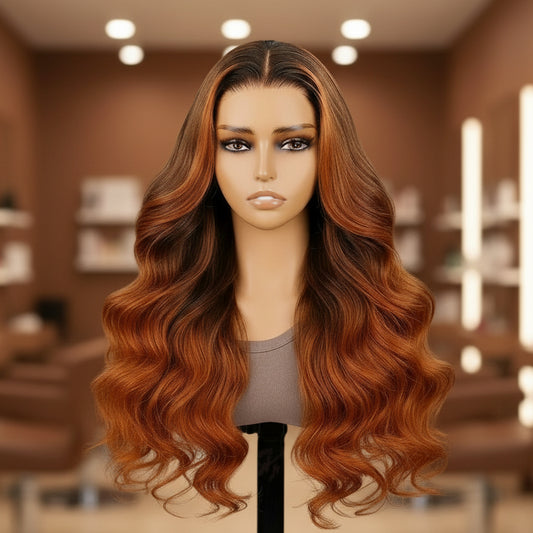 Ginger ombre 6x5 precut glueless body wave wig showing front, side, and back views with brown to ginger color transition