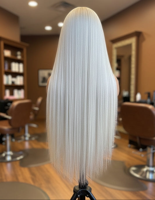 Back view of ash blonde highlight ready-to-wear wig displaying ultra full density and natural movement