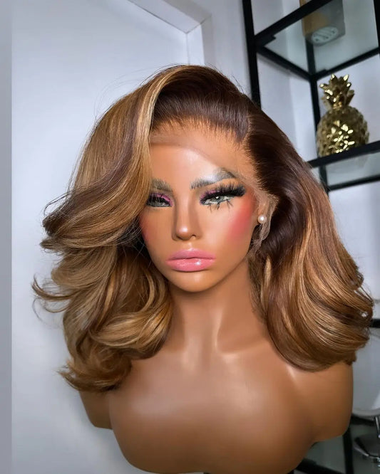 Caramel brown highlight wig displaying natural loose wave pattern and rich brown tones with highlights