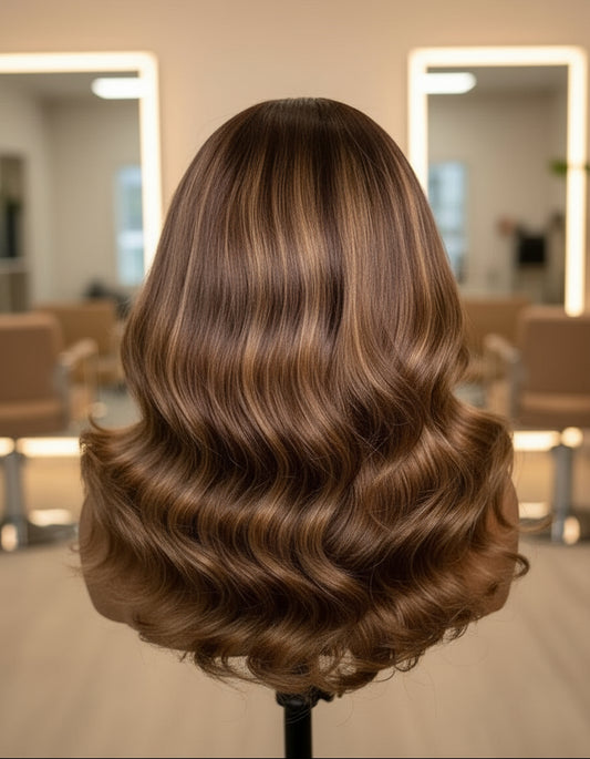 Caramel brown highlight wig displaying natural loose wave pattern and rich brown tones with highlights