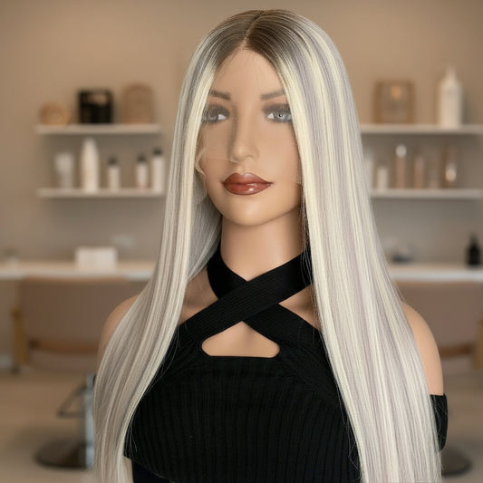 Mannequin head with long European human hair glueless ash grey blonde wig in a room with shelves and decor.